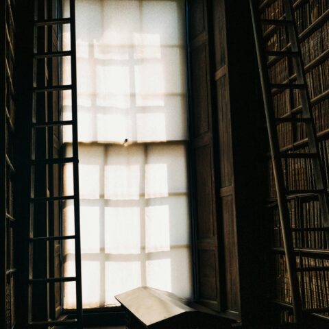 A ladder next to a window with an open book on a table.