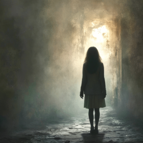 The silhouette of a young girl standing in darkness and looking toward a door with light on the other side.