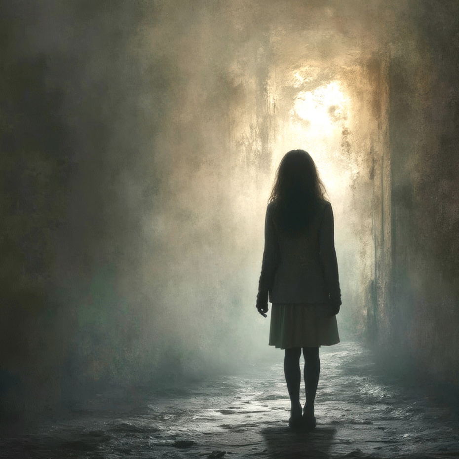 The silhouette of a young girl standing in darkness and looking toward a door with light on the other side.