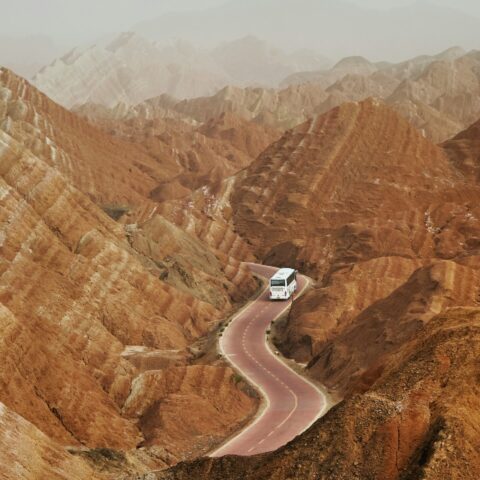 A tourist bus in Gansu province, China.